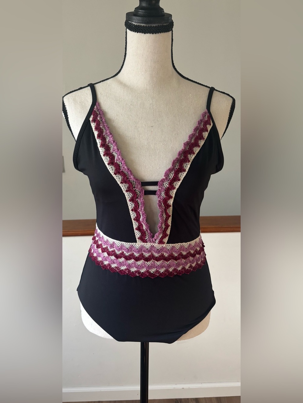Becca East Wind Plunging Crochet Trim Swimsuit